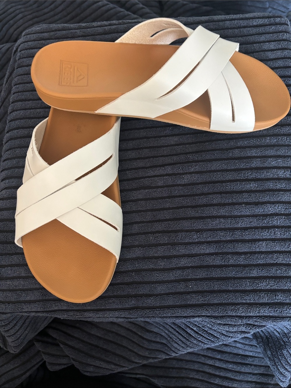 Reef White Crisscross Slide Sandals with Tan Footbed